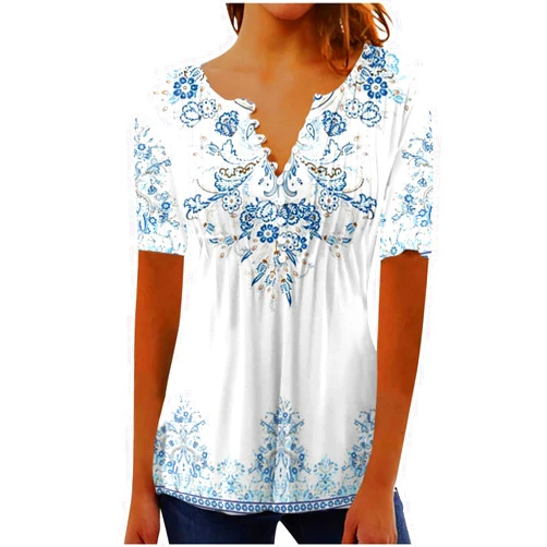 SMIDOW Summer Tops for Women 2025 Trendy Boho Floral Button v Neck Tunic Shirts Casual Empire Waist Short Sleeve Blouses