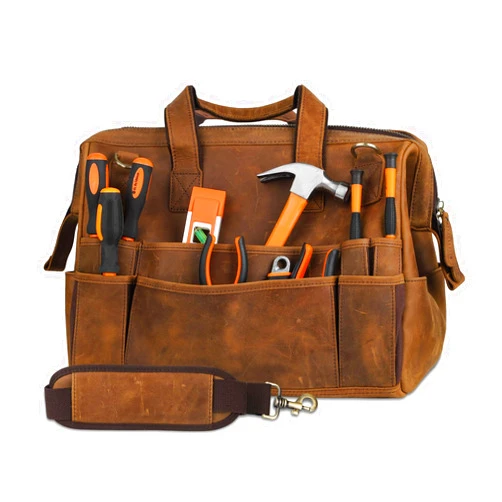 Fshsup Leather Tool Bag Wide Mouth Tool Storage Bag for Hand Tools 16 inch Tool Tote Bag, Gardening, Outdoorsmen, Heavy Duty Premium Storage Leather Organizer Electrician Tool Bag