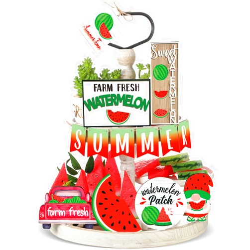 Purpeak 13 Pcs Summer Watermelon Tiered Tray Decor Set Summer Kitchen Decor Rustic Farmhouse Tier Tray Decor Items Watermelon Gnome Wooden Signs for Watermelon Party Decor Summer Home Decoration