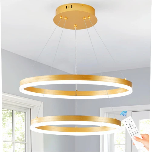 Sparklelf Modern LED Chandelier Gold 2-Rings Pendant Light Circular Flush Mount Ceiling Chandelier Lighting with Remote Control for Bedroom Living Room Dining Room Entrance, 3000K-6500K