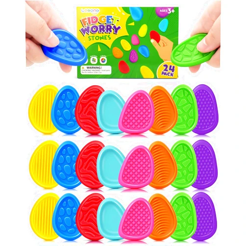 LESONG Fidget Toys Sensory Stone for Kids: 24 Pack Textured Worry Stones - Sensory Tools for Autism Kids Calming - Quiet Fidget Toys for Anxiety Relief - Small Prizes for Easter Basket Stuffers Egg Fillers