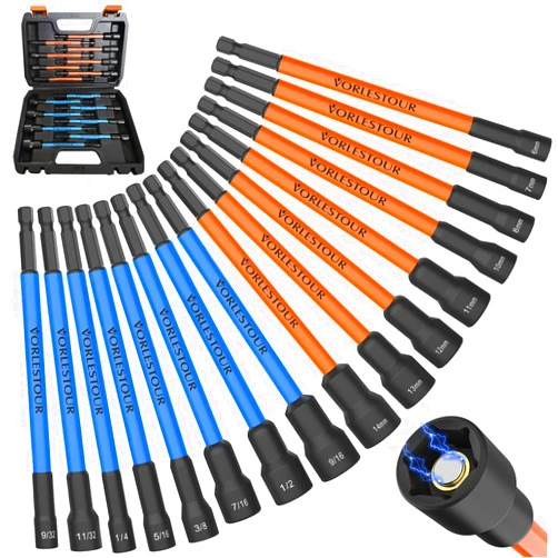 Vorlestour 16PCS Magnetic Nut Driver Set - SAE & Metric Nut Driver Set for Impact Drill - 6 Inch Long Nut Driver Set with 1/4