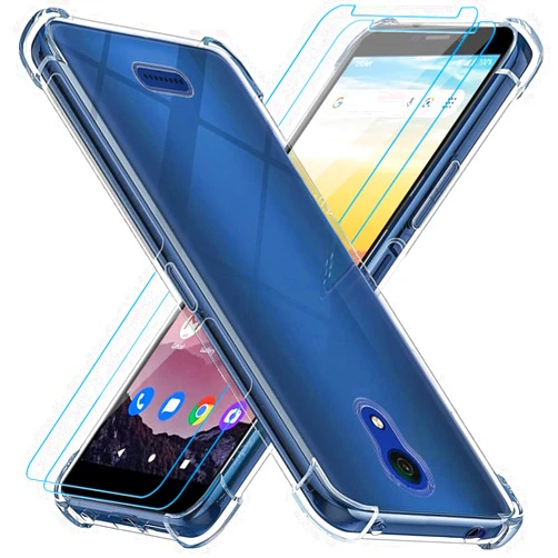 QUIETIP Clear Case Compatible AT&T Calypso (U318AA) & Cricket Vision 3,Slim Soft TPU Protector Cover with Shock Absorption Bumper Corners,2 x Tempered Glass Screen Protector,Clear