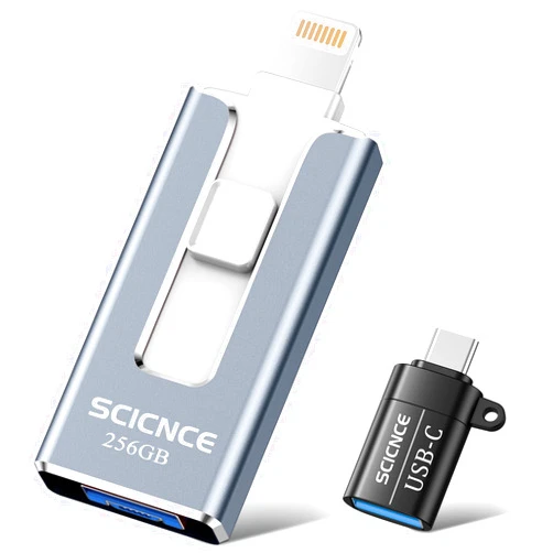 SCICNCE 256GB Photo Stick for Phone, 4 in 1 USB Photo Memory Stick Flash Drives with USB C Adapter External Storage Drive for iPhone iPad Android Phone Computer (Light Blue)