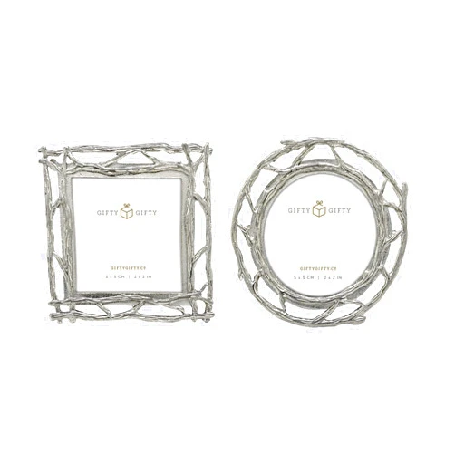 GIFTY GIFTY Tree Branch Mini Frame Set/Set of 2 / 2x2 in | for Tabletop Display | Perfect for Home Decor, Wedding, Graduation, Or Milestone Photos (Silver)