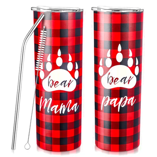 Uiifan 2 Pcs Gifts for Parents Mama Bear and Papa Bear Tumblers with Lid and Straw 20 oz Mama Bear Mug Papa Bear Mug Buffalo Plaid Travel Coffee Cup for Mom Dad New Parents Women Men