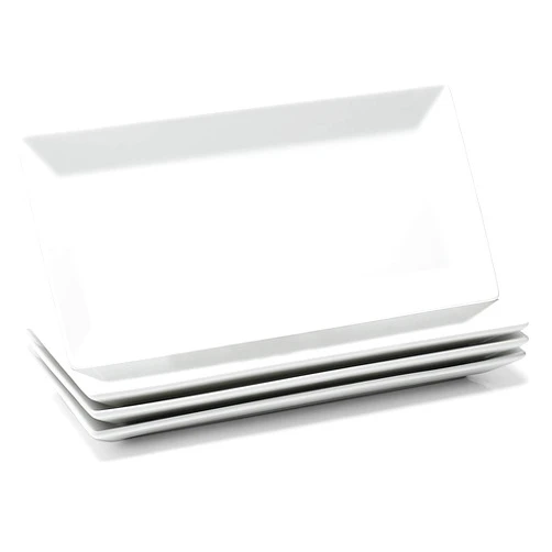 Sweese 12 Inch White Serving Platters, Porcelain Rectangular Plates, White Serving Trays for Parties - Stackable, Set of 4