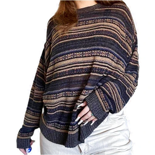 Karwuiio Women Vintage Striped Sweater Y2K Long Sleeve Crewneck Pullover Tops Grunge Oversized Knitwear