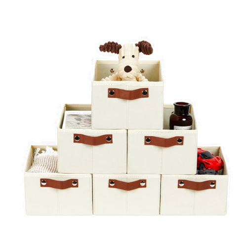 HNZIGE Fabric Small Baskets for Organizing, 6 PCS Storage Organizer Bins for Shelves, Small Bins for clothes with Handles, Shelf Closet Storage Bins for Organizer Home, Office(Cream,11.8 x 7.8 x 5.1)