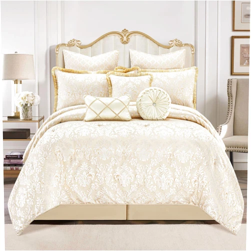 Loom and Mill 9-Piece Elegant Damask Comforter Sets Jacquard Medallion Design, Ultra Soft Floral Bedding with Euro Shams, Bedskirt, Filled Decorative Pillow for Home (Beige White, King)
