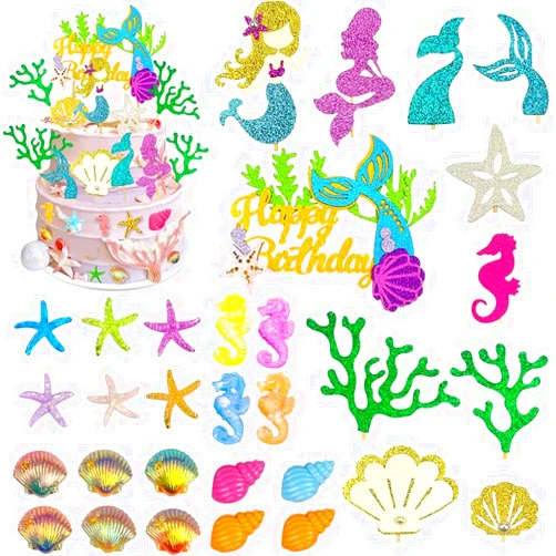 DRWATE 39 PCS Mermaid Cake Topper Glitter Mermaid Theme Birthday Cake Topper with Starfish Conch Seahorse Shell and Seaweed for Birthday Party, Baby Shower, Wedding, Mermaid Cake Decorations