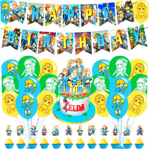 ELZEM 𝓩𝓮𝓵𝓭𝓪 Party Decorations,Legend Game Birthday Party Supplies Includes Banner- Cake Topper - 12 Cupcake Toppers - 18 Balloons, Blue