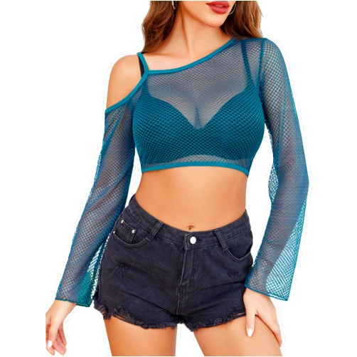Avidlove Mesh Crop Tops for Women Long Sleeve Fishnet Shirt See Through Tops Rave Outfits Party Clubwear