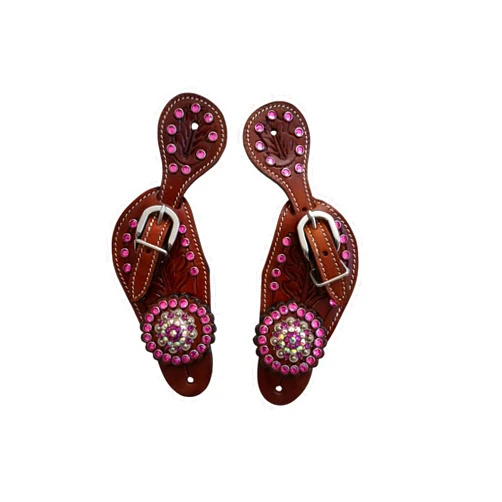 Equitem Medium Tooled Leather Spur Straps with Crystal Conchos Pink Crystals.