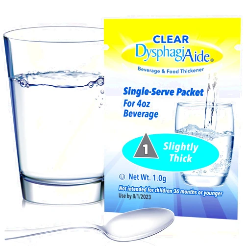 DYSPHAGIAIDE CLEAR DysphagiAide® Instant Beverage and Food Thickener, Box of 24 Single Serve Packets Level 1- Slightly Thick (Thin Nectar)