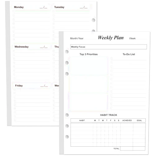 Yaridar Weekly Planner Refills for A5 Binders - 53 Sheets/106 Pages Undated Colorful Weekly Planner, 6-Hole Punched, 100 gsm White Paper, 5.8