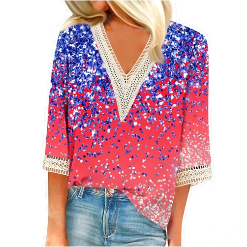 FSWGJFJJ 4Th of July Shirts 3/4 Sleeve Tops Lace Trims V-Neck Shirts Casual Print Tees Womens American Flag Patriotic T Shirts