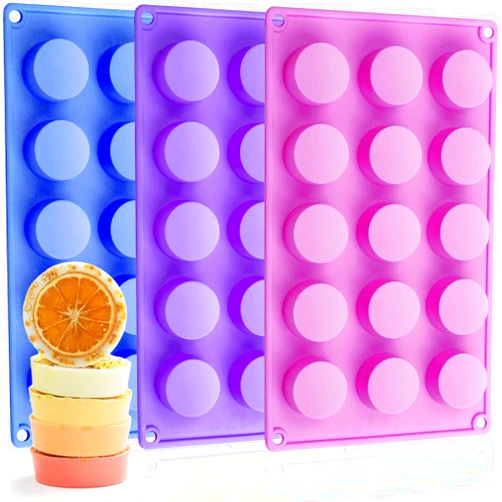 HKNMTT Soap Molds Silicone Round Cylinder 3 Packs 15 Cavities for Snacks Chocolate Candy Cookie Small Wax Melts Lotion Bars, Baking Circle Non-stick Tray Round Mold BPA Free Food Grade Homemade DIY