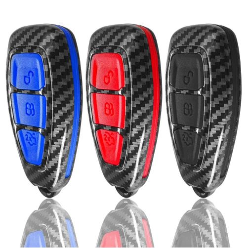 WORCAS Carbon Fiber Smart Key Cover Case Key Shell Remote Key Box Key Chain Key Ring Prevent Scratch and Falling Fits Mondeo Focus 3 Button Keyless Entry Remote Carbon Fiber Pattern Cover(Blue)