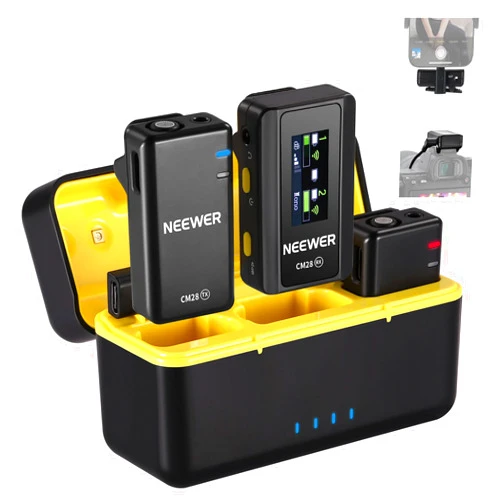 NEEWER CM28 Wireless Lavalier Microphone System with Charging Case, 1 Click Noise Canceling, 4GB Storage for 9Hrs of 48KHz 16 Bit Uncompressed Audio Lapel Mic Compatible with iPhone/Android/PC/Camera