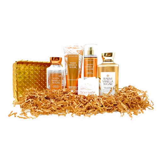 Bath & Body Works Warm Vanilla Sugar Gold Woven Basket 4 Piece Gift Set - Fine Fragrance Mist, Body Lotion, Shower Gel and Body Cream with a Himalayan Salts Springs Sample Soap