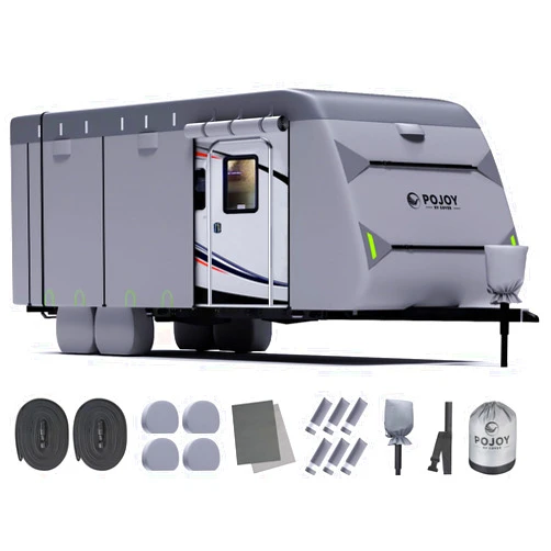 POJOY Waterproof Windproof RV Travel Trailer Cover, Anti-Rip Anti-UV 600D Oxford Fabric Camper Cover - with Tongue Jack Cover, for 26'-28'