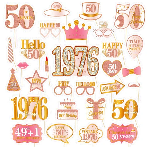 Kuxriox 30Pcs 50th Birthday Photo Booth Props for Women, Pink Rose Gold Vintage 1976 50 Birthday Selfie Props Kit with Sticks Party Supplies Favors, Happy Fifty Bday Photo Props Decor