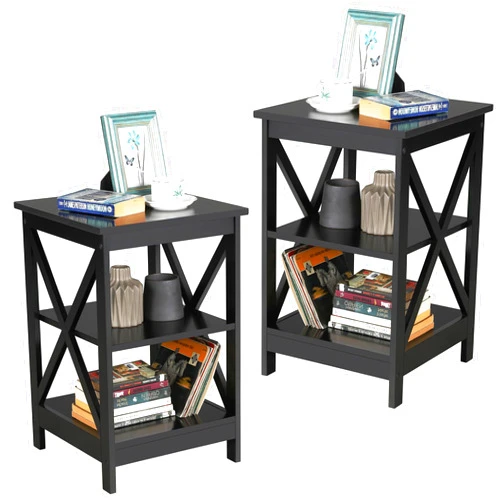 Yaheetech Black End Table Set of 2, 16x16x24 in Sturdy 3-Tier Side Tables with Storage Shelf & Solid Wood Legs, 2Pcs X-Design Modern Sofa Side Table for Living Room Office, Easy Assembly