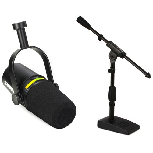 Shure MV7+ Hybrid USB/XLR Podcast Microphone with Boom Stand – Professional Recording Set with DSP, LED Control, & Built-in Headphone Jack