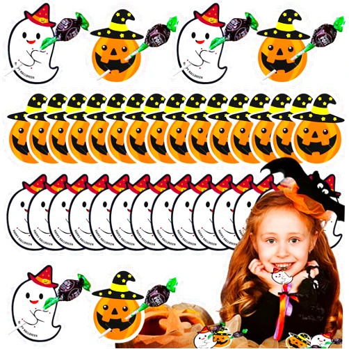 BASEMMAHER 100Pcs Halloween Lollipop Paper Cards Creative DIY Pumpkin Ghost Sugar Card Candy Chocolate Wrapping Lollipop Stand Candy Sweets Holders Decorations for Halloween Party Supplies Decorative