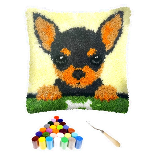 veirousa Chihuahua Puppy Latch Hook Kits for Adults, Beginners DIY Crochet Pillow Kit Pre-Printed Pillowcase Hook and Latch Rug Kits Needlework Cushion Cover for Home Sofa Decoration 17x17 inch