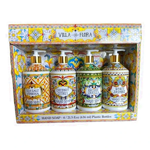 Generic Villa Flora Hand Soap Collection 16 FL/473ml Bottles infused with Essential Oils (SET OF 4) Sea Salt Verbena, Coconut Citrus, Orchid Vanilla, and White Jasmine