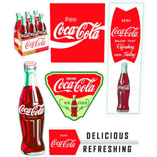 Retro Planet.com Coca-Cola Vintage Style Art Vinyl Sticker Set, Peel and Stick Decals for Laptops, Cars, Lockers, Notebooks, Planners, Water Bottles (Set of 6), 2 to 4 Inches