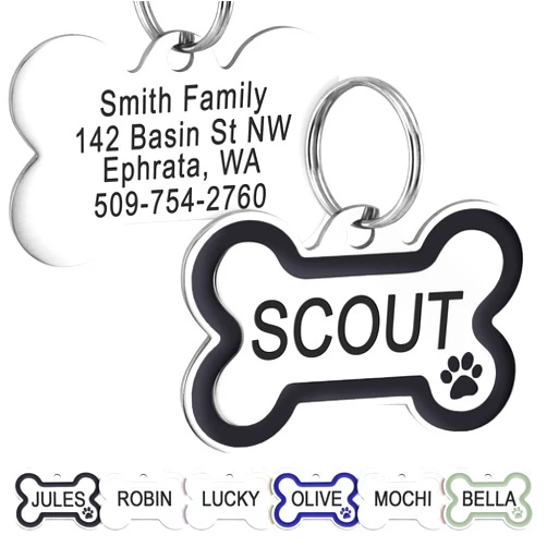 GoTags Stainless Steel Pet ID Bone Shaped Tags with Enamel Paw Design, Personalized Dog Tags and Cat Tags, up to 5 Lines of Custom Text, Engraved on Both Sides (Charcoal, Small)