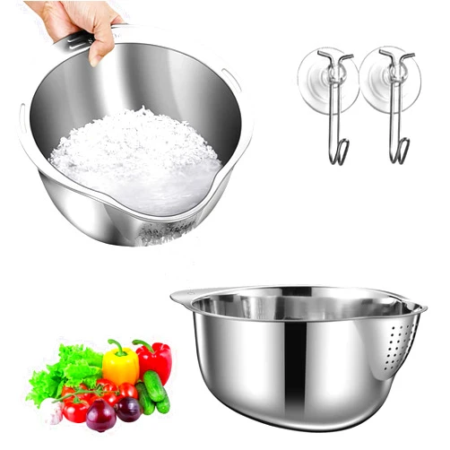 BigKing Rice Washing Bowl with Strainer, 2 Pack Stainless Steel Washing Bowl&Adhesive Hooks,4 in 1 Microporous Colander Washing Bowl for Washing and Draining Veggies, Rice and Beans,Pasta Strainer (Silver)