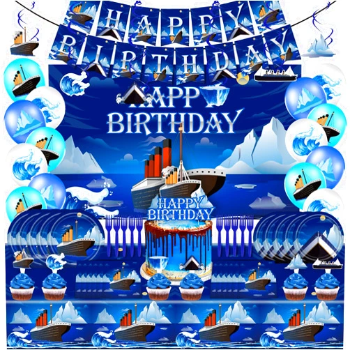 FUNGHOO Titanic Party Supplies Set,Titanic Classic Movie Themed,Include Disposable Happy Banner,Hanging Swirl,Balloons,Titanic Backdrop,Plates,Napkins,and More,Suitable For Girl’s And Boy’s Birthday Parties