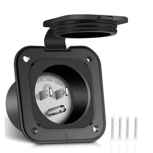 Treeligo 15 Amp Inlet Flanged RV Shore Power Inlet，2 Pole 3-Wire Electric AC Port Plug Receptacle Replacement NEMA 5-15P with IP66 Waterproof Cover