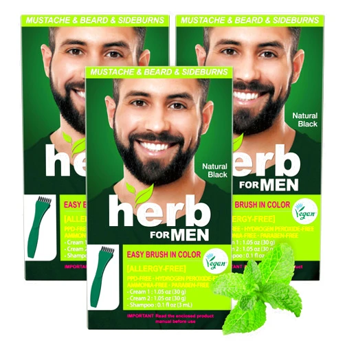 Herb Speedy Herb For Men Mustache & Beard Dye (Nature Black, 3 Pack), PPD-Free Ammonia-Free, Vegan with Natural Ingredients, Odorless, Gentle for Sensitive Skin, No Skin Irritation