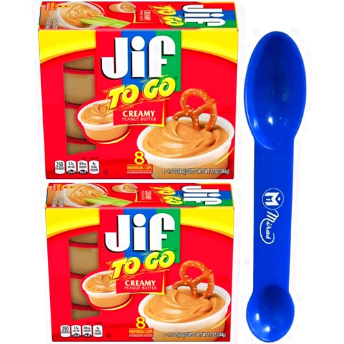 Miras (Pack of 2) Jifs To Go Creamy Peanut Butter, 8-1.5 oz Cups, Snack Size Packs (Miras Trademark 2-in-1 Measuring Spoon Included!)