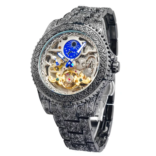 FORSINING Vintage Watch for Men Engraved Automatic Self-Wind Mechanical Big Dial Luminous Moon Phase Golden Hollow Tattoo Pattern Wrist Watches, Mechanical