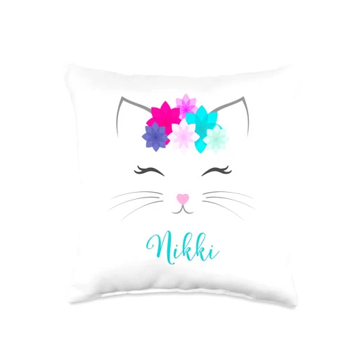 Kitty Cat Nikki Name Gifts Nikki Name Gift Girls Personalized Kitty Cat Bedroom Decor Throw Pillow, 16x16, Multicolor