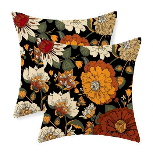 JEFERSO Spring Summer Pillow Covers 18x18 Inch Set of 2, Vintage Boho Floral Throw Pillows Botanical Tropical Leaves Pillowcase Bohemian Outdoor Decorative Linen Black Cushion Case for Couch Home Decor