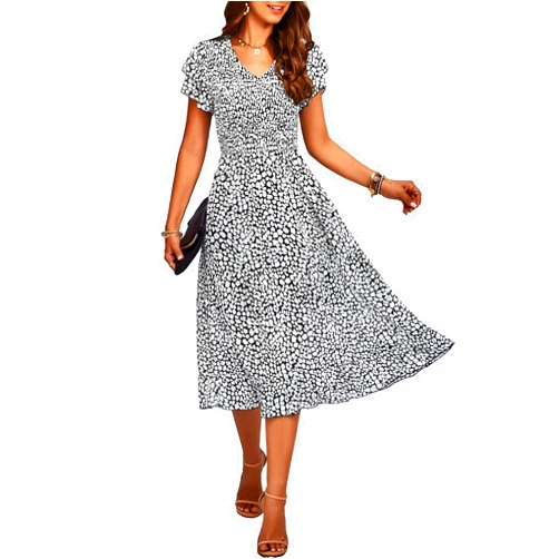 BTFBM Women Casual Summer Short Ruffles Tiered Sleeve Smocked Midi Dresses Bohemian Floral V Neck Wedding Guest Long Dresses