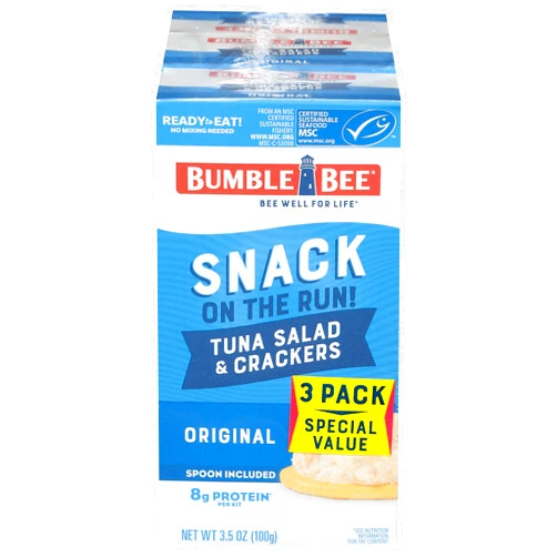 Bumble Bee Snack On The Run! Protein Pack, 8g per Box - Original Tuna Salad with Crackers Kit - Ready to Eat Easy-Open Can - Wild Caught MSC-Certified Tuna (Pack of 3)