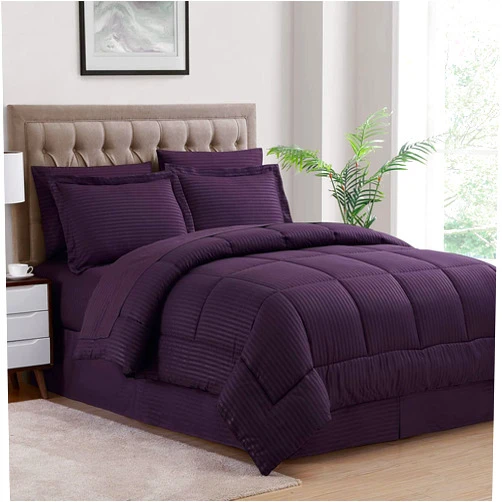 Anex Linen 8 Piece Best Combo Bedding Set-100% Egyptian Cotton-600 Thread Counts Ultra Soft Bed Sheet with Box Stitched Comforter Set Premium Bed Set Purple Stripe | Super King (8 PC)