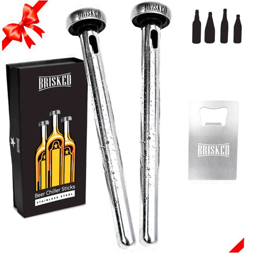 Brisked Beer Chiller Sticks for Bottles Set | 2 Stainless Steel Cooling Chillers | Christmas Gift Accessories | Cooler Gag Idea for Men Birthday Gifts
