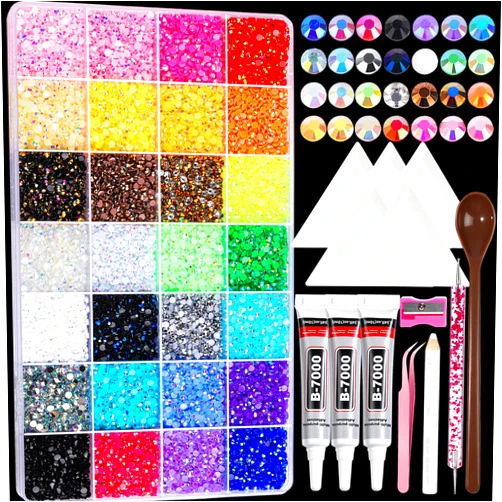 Teenitor Bedazzling Kit 28 Colors Rhinestones Kit, 30000Pcs Flatback Rhinestones for Bedazzling Gems with 3Pcs B7000 Jewelry Glue and Resin Rhinestone Tools for Nail Art Diamond Art Crafts DIY