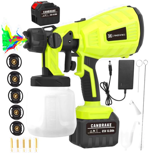 Canbrake 21V Battery Paint Sprayer, 6.0Ah Brushless Motor Batteries Spray Paint Gun, 5 Copper Nozzle & 1000ml Container, HVLP Cordless Paint Sprayer for Home Interior and Exterior