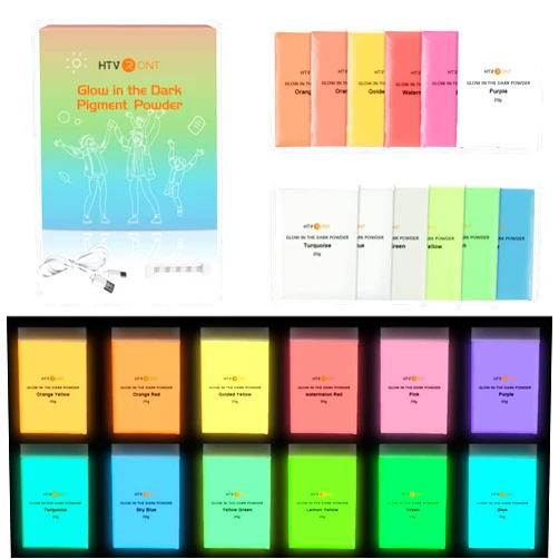 HTVRONT Glow in The Dark Pigment Powder (12 colors, 0.7 oz / 20 g Each), Glow in The Dark Resin Pigment with UV Lamp, Glow in the Dark Mica Powder for Epoxy Resin, Acrylic Nails, Bath Bomb, etc.