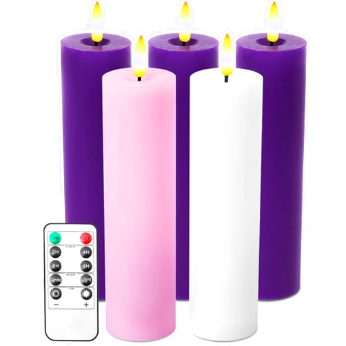 Stmarry Pillar Advent Candles Set of 5, Battery Operated Advent Candle Set with Remote and Timer, 2x7 Pink and Purple Pillar Candle Set, Flameless Advent Candles for Advent Wreath Pillar Candle Holder